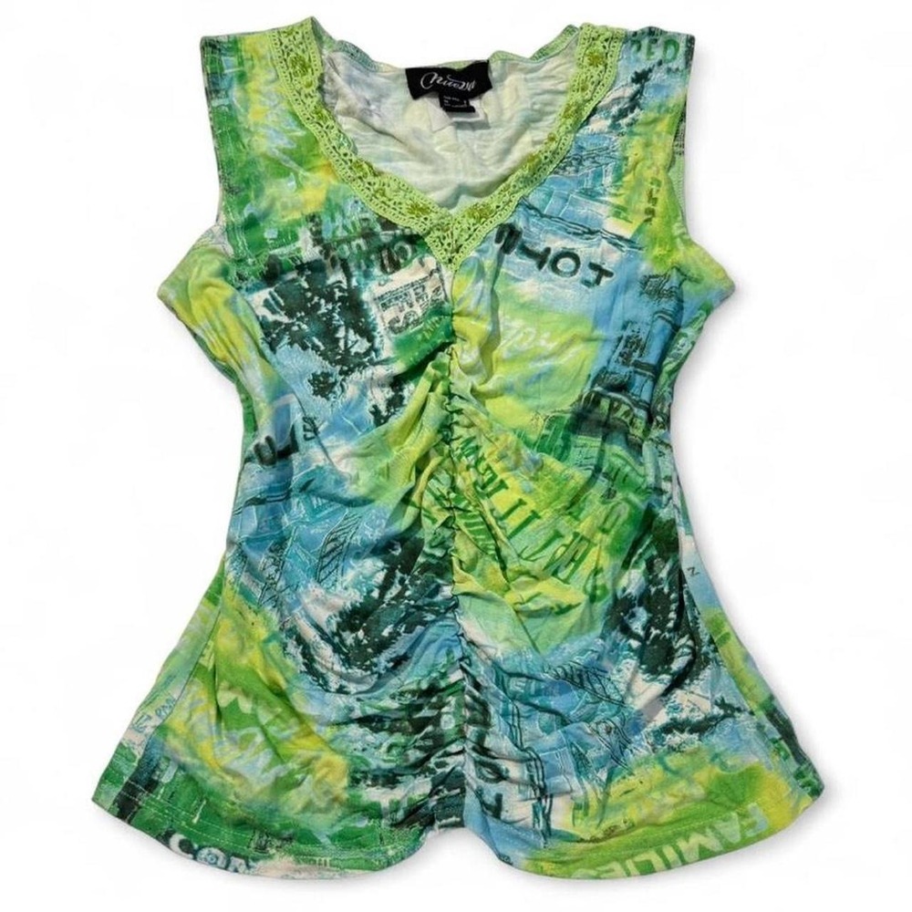 Y2K Green Blue Nueva Graphic Print Sequin Lace Trim Fairy Tank Top Medium Large